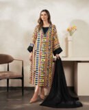 Vibrant Mosaic Geometric Printed Tunic with Embellished V-Neckline and Solid Black Dupatta – Ready-to-Wear Contemporary Chic