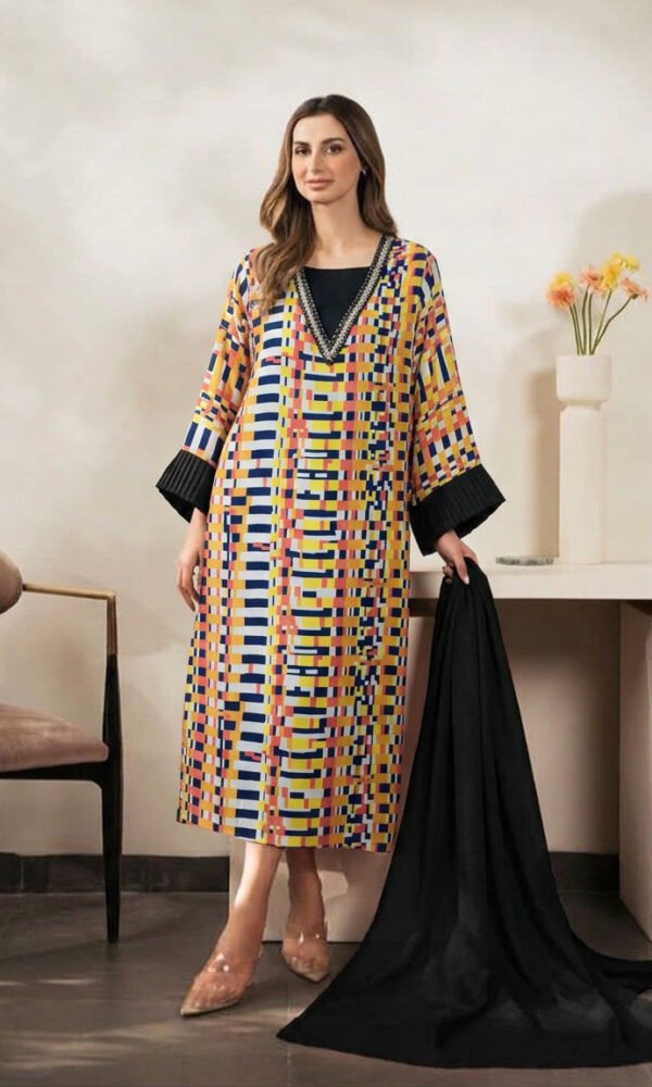 Vibrant Mosaic Geometric Printed Tunic with Embellished V-Neckline and Solid Black Dupatta – Ready-to-Wear Contemporary Chic