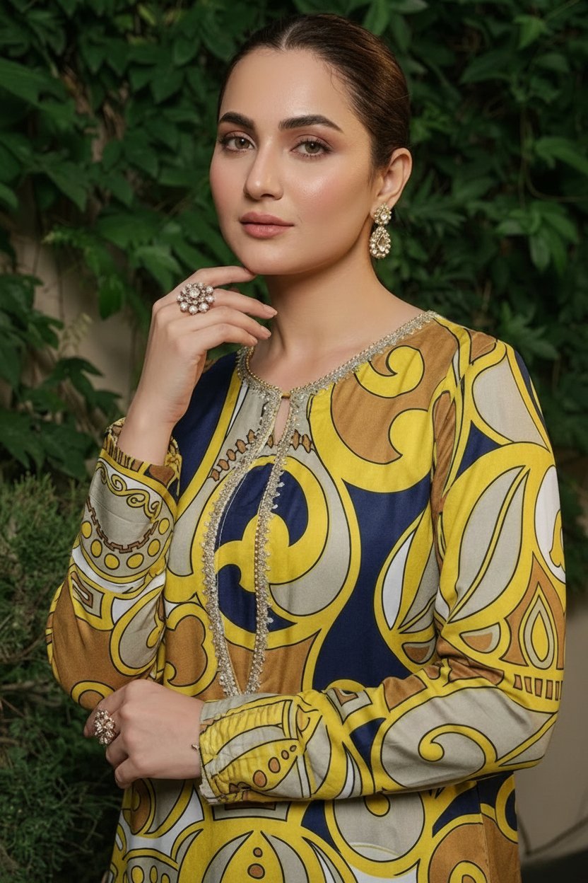 Navy Blue & Yellow Baroque Printed Tunic with Beaded Keyhole Neckline – Ready-to-Wear Contemporary Chic & Daywear - Image 2