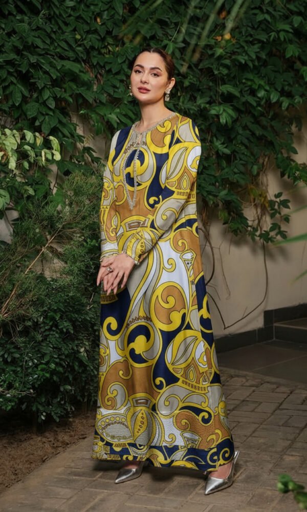 Navy Blue & Yellow Baroque Printed Tunic with Beaded Keyhole Neckline – Ready-to-Wear Contemporary Chic & Daywear