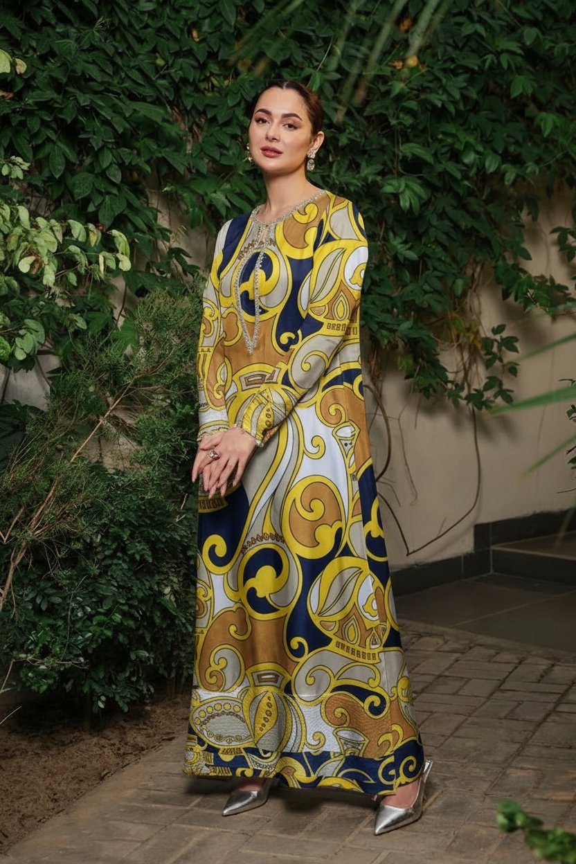 Navy Blue & Yellow Baroque Printed Tunic with Beaded Keyhole Neckline – Ready-to-Wear Contemporary Chic & Daywear