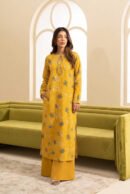 Mustard Yellow Floral Printed Straight Kurti with Matching Flared Pants and Beaded Keyhole Neckline – Ready-to-Wear Daytime Chic