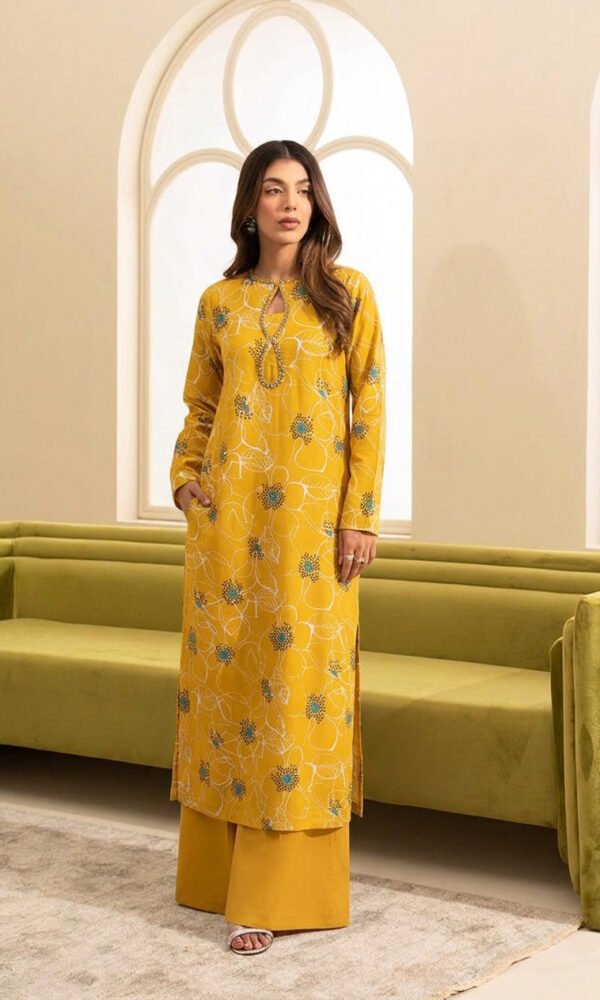Mustard Yellow Floral Printed Straight Kurti with Matching Flared Pants and Beaded Keyhole Neckline – Ready-to-Wear Daytime Chic