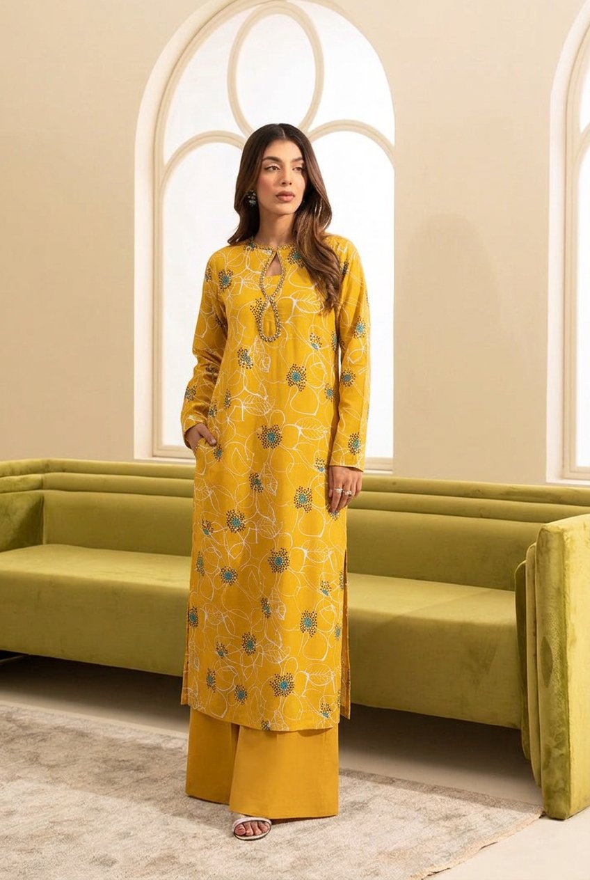 Mustard Yellow Floral Printed Straight Kurti with Matching Flared Pants and Beaded Keyhole Neckline – Ready-to-Wear Daytime Chic