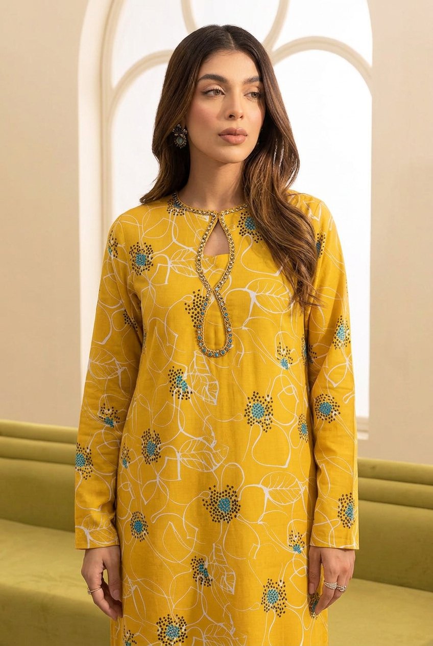 Mustard Yellow Floral Printed Straight Kurti with Matching Flared Pants and Beaded Keyhole Neckline – Ready-to-Wear Daytime Chic - Image 2
