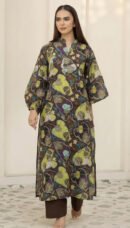 Brown & Lime Green Botanical Printed Straight Kurti with Lantern Sleeves and Matching Trousers – Ready-to-Wear Chic Daywear