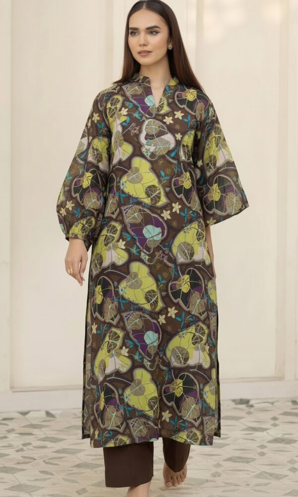 Brown & Lime Green Botanical Printed Straight Kurti with Lantern Sleeves and Matching Trousers – Ready-to-Wear Chic Daywear