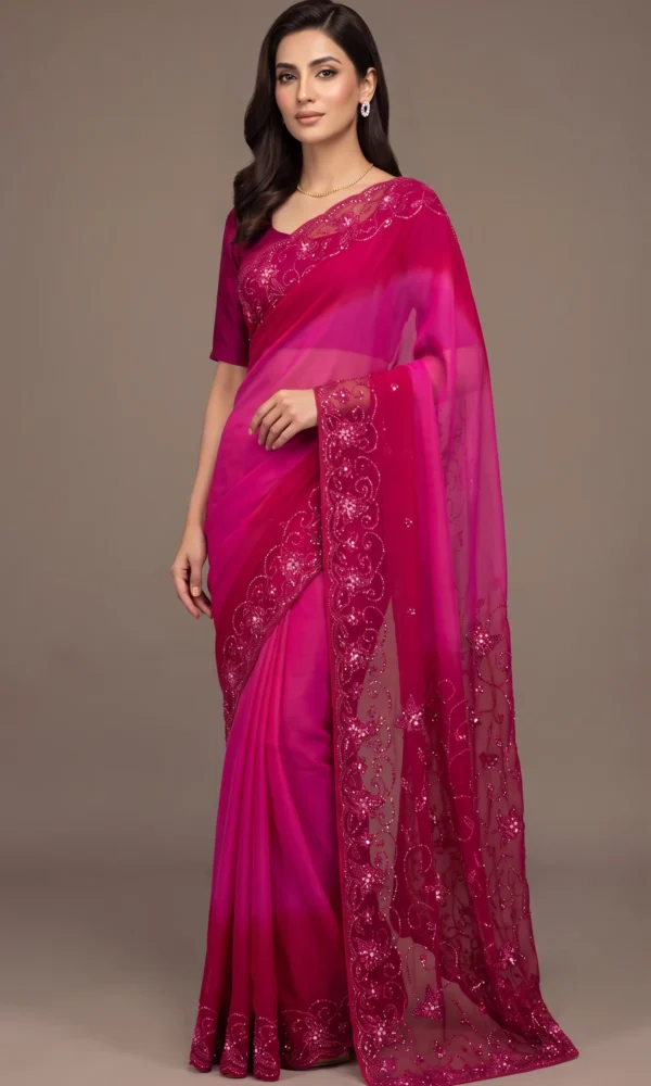 Magenta Pink Sequin and Thread-Embroidered Net Saree with Scallop Border and Matching Blouse – Luxury Wedding & Festive Wear