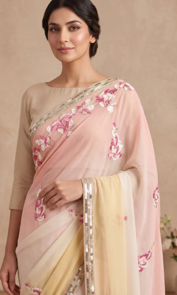 Peach & Yellow Ombre Sequin and Floral-Embroidered Net Saree with Matching Blouse – Luxury Wedding & Festive Wear