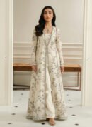 Ivory Botanical Embroidered Front-Open Long Jacket with Solid Inner and Trousers – Ready-to-Wear Luxury Pret & Formal Daywear