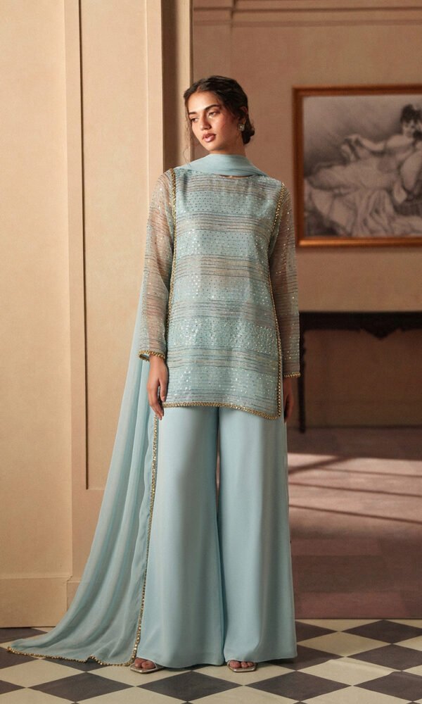 Ice Blue Sequin-Striped Short Kurti with Matching Flared Trousers and Dupatta – Ready-to-Wear Luxury Festive & Evening Chic