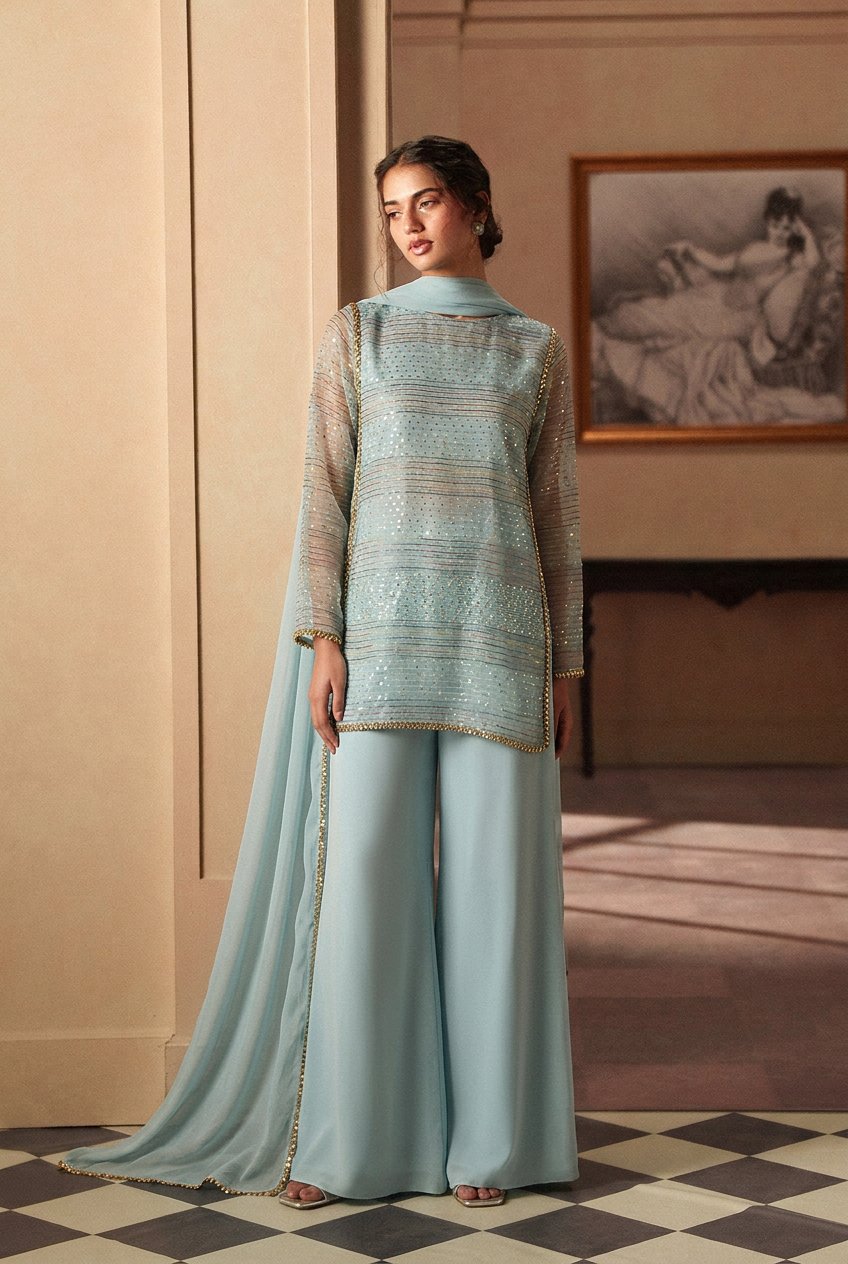 Ice Blue Sequin-Striped Short Kurti with Matching Flared Trousers and Dupatta – Ready-to-Wear Luxury Festive & Evening Chic