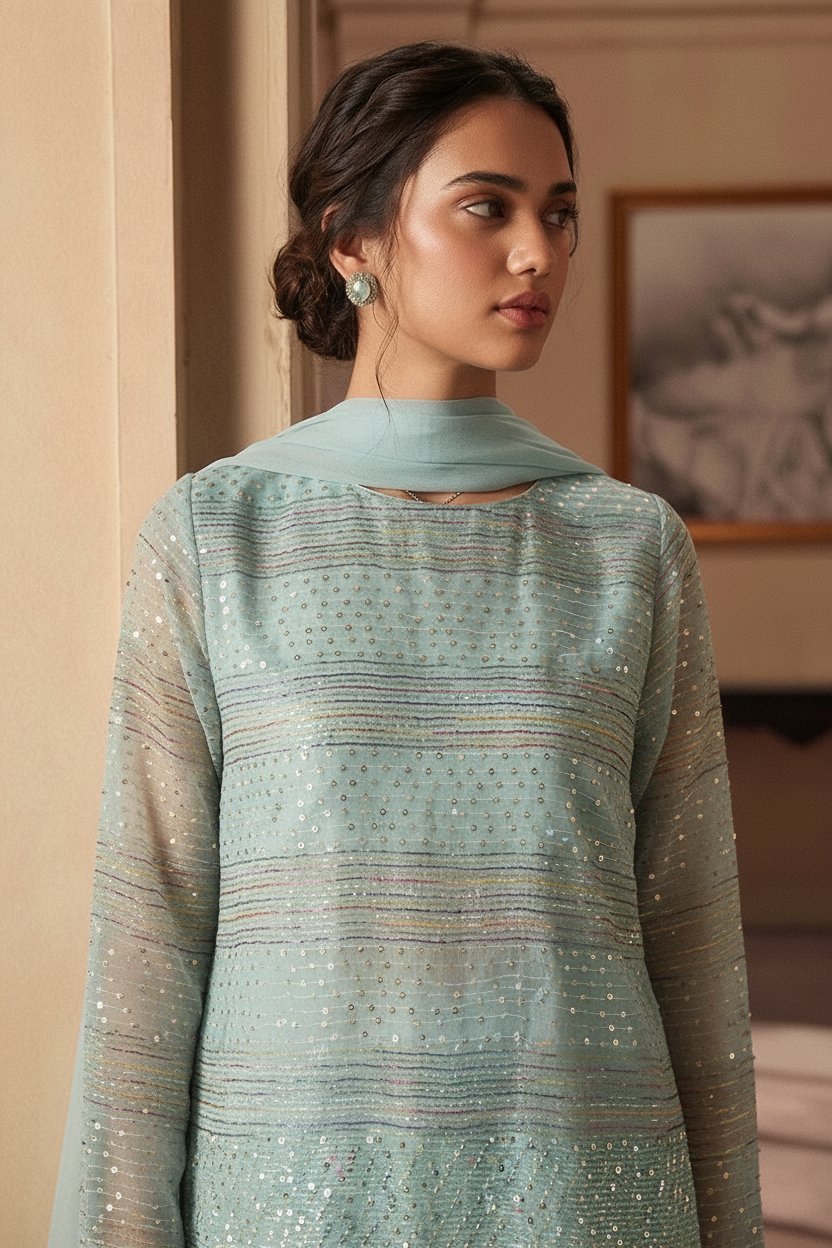 Ice Blue Sequin-Striped Short Kurti with Matching Flared Trousers and Dupatta – Ready-to-Wear Luxury Festive & Evening Chic - Image 2